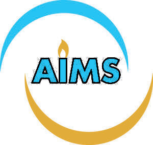 AIMS logo with blue and gold curves.